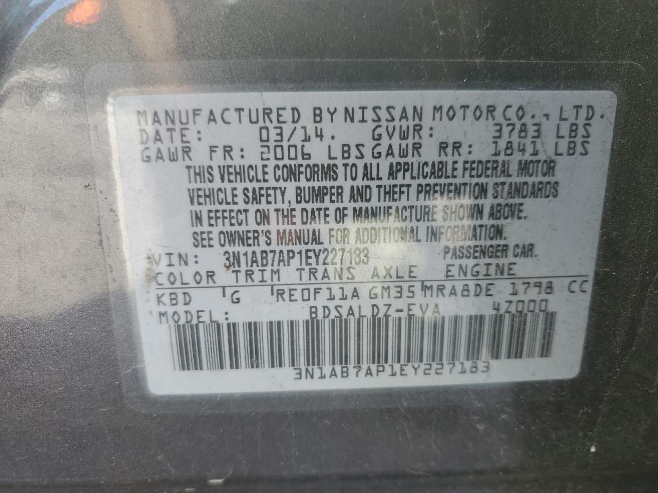 2014 Nissan Sentra S VIN: 3N1AB7AP1EY227183 Lot: 85752235