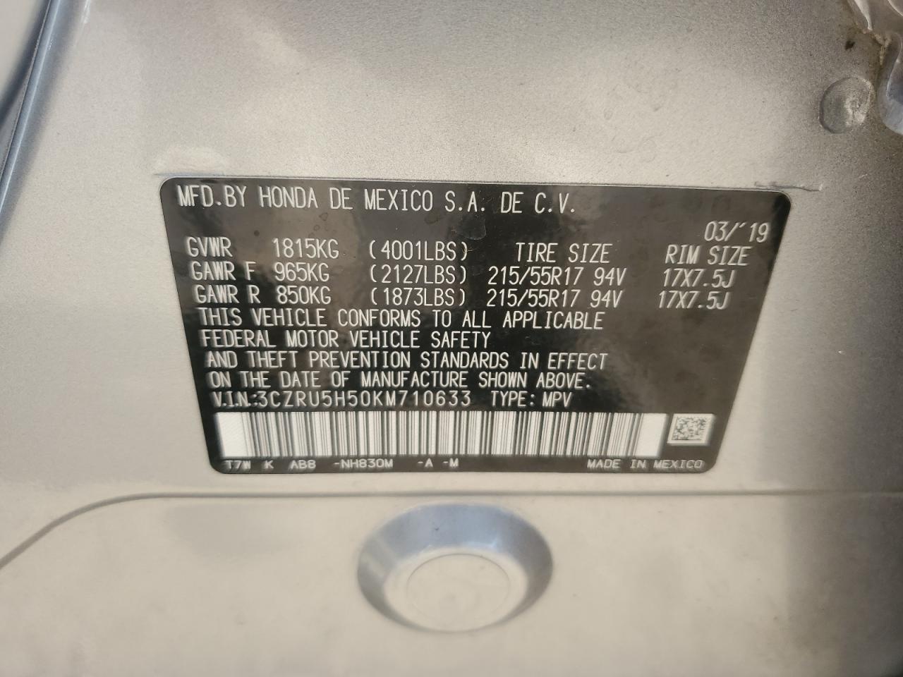 2019 Honda Hr-V Ex VIN: 3CZRU5H50KM710633 Lot: 82307055