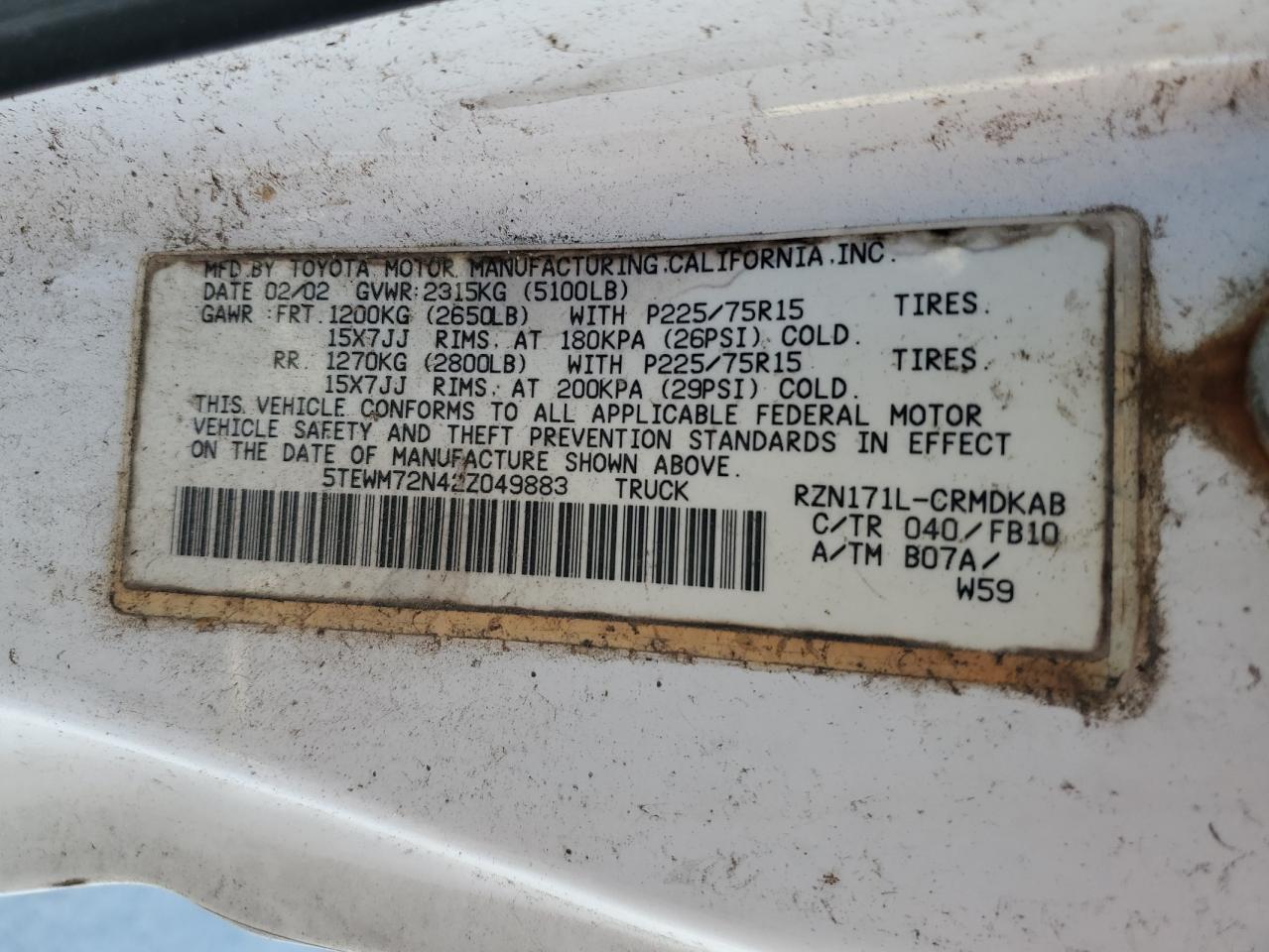 2002 Toyota Tacoma Xtracab VIN: 5TEWM72N42Z049883 Lot: 81863325