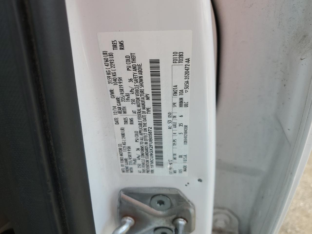 2015 Ford Escape Se VIN: 1FMCU9GX2FUB05872 Lot: 84921215