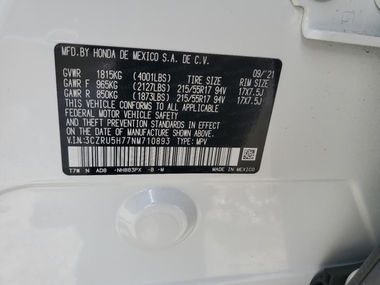 2022 Honda Hr-V Exl VIN: 3CZRU5H77NM710893 Lot: 85873815