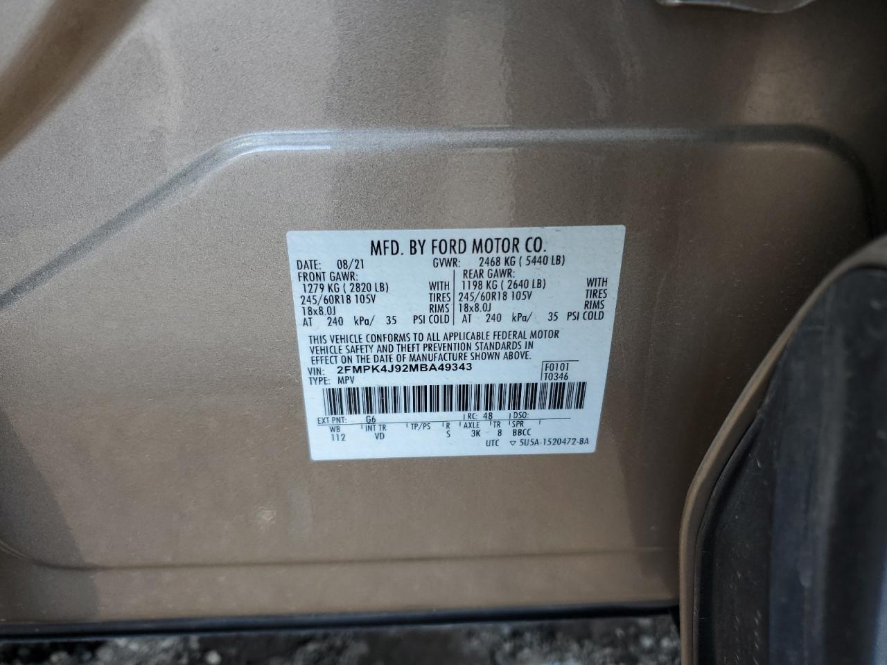 2021 Ford Edge Sel VIN: 2FMPK4J92MBA49343 Lot: 89522375