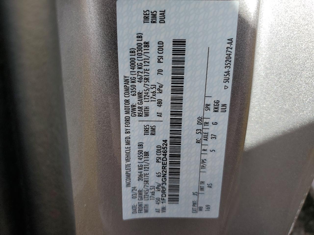 2024 Ford F350 Super Duty VIN: 1FDRF3GN2RED46524 Lot: 81982975