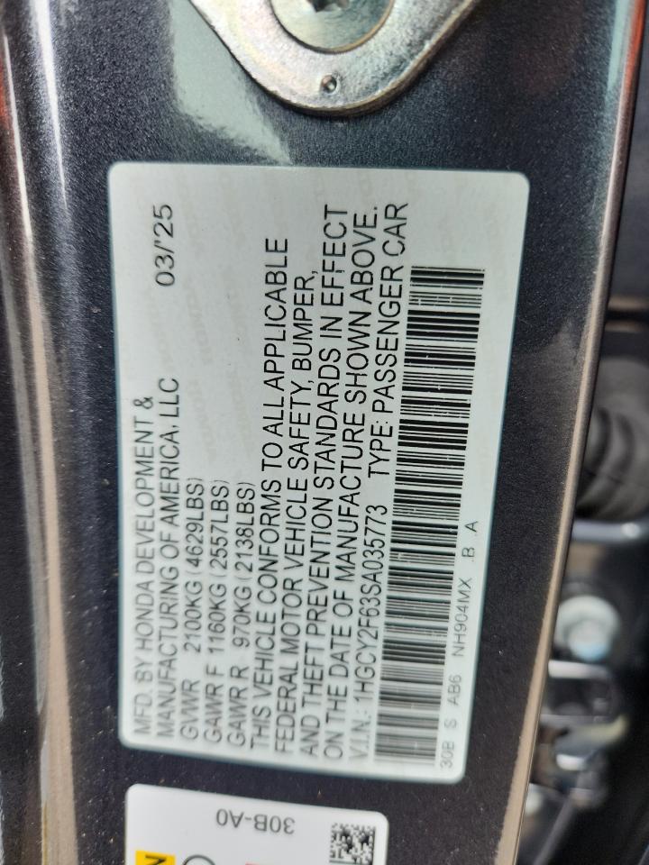2025 Honda Accord Hybrid Exl VIN: 1HGCY2F63SA035773 Lot: 85584835