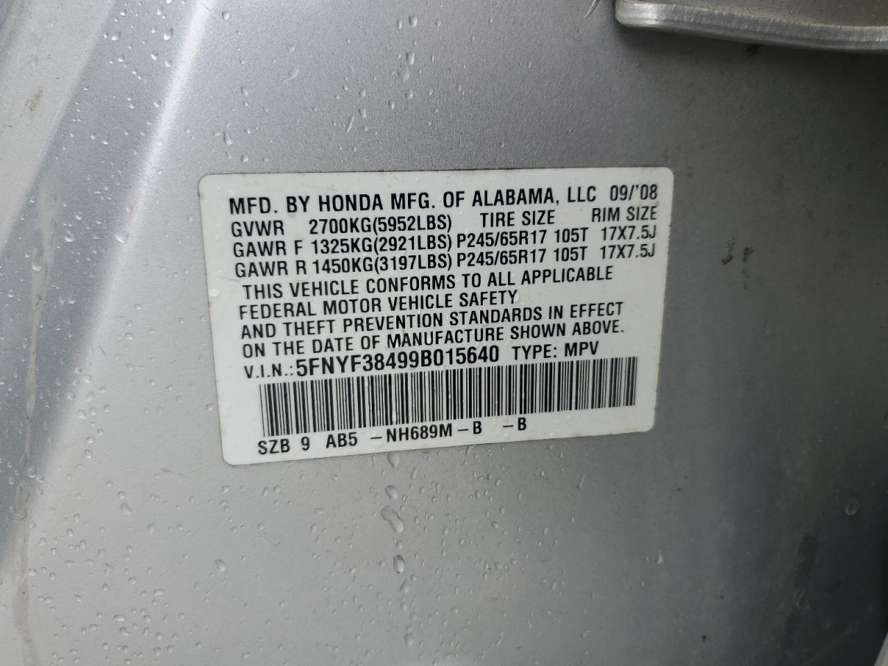 2009 Honda Pilot Ex VIN: 5FNYF38499B015640 Lot: 85525825