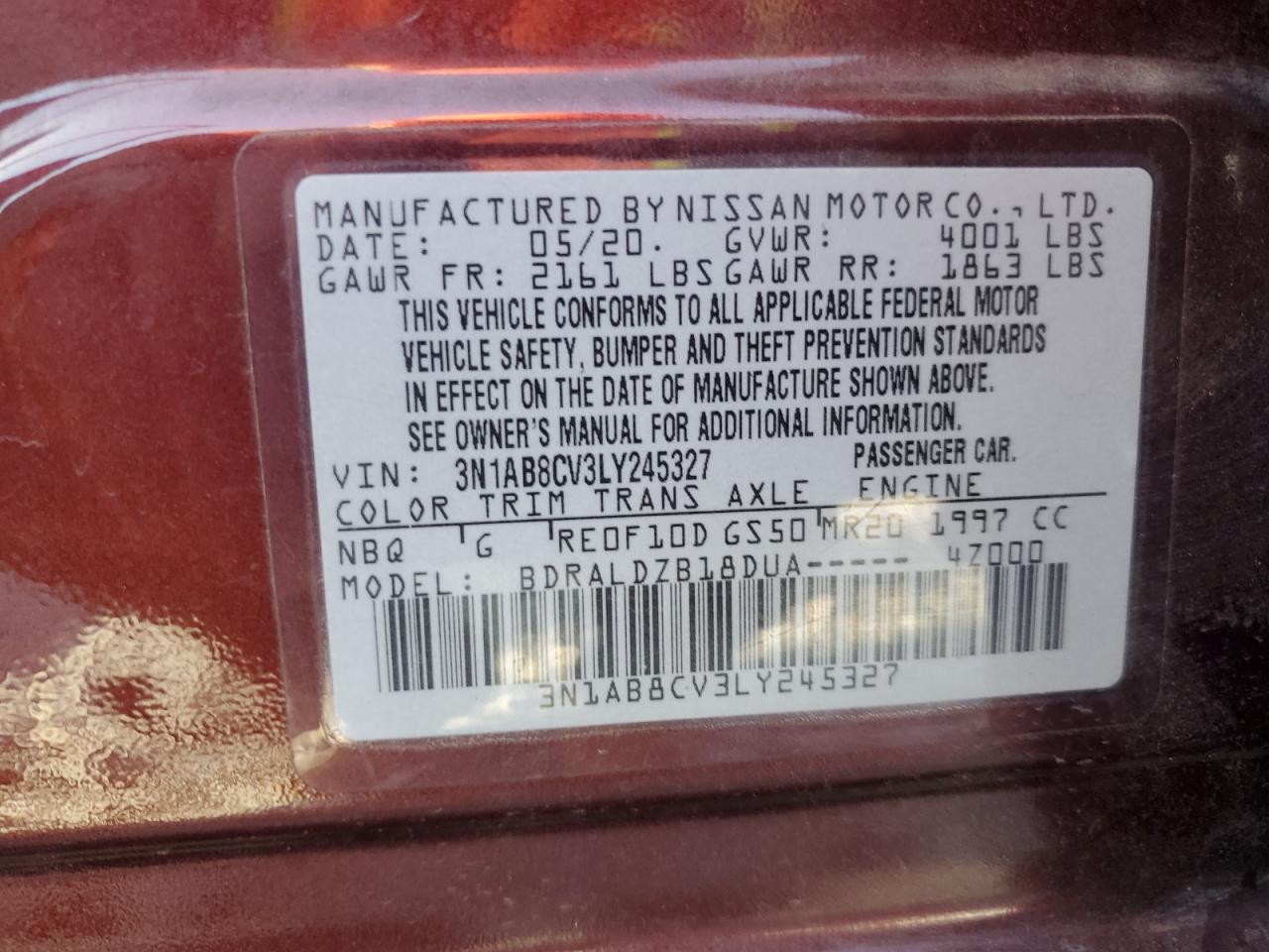 2020 Nissan Sentra Sv VIN: 3N1AB8CV3LY245327 Lot: 85274995