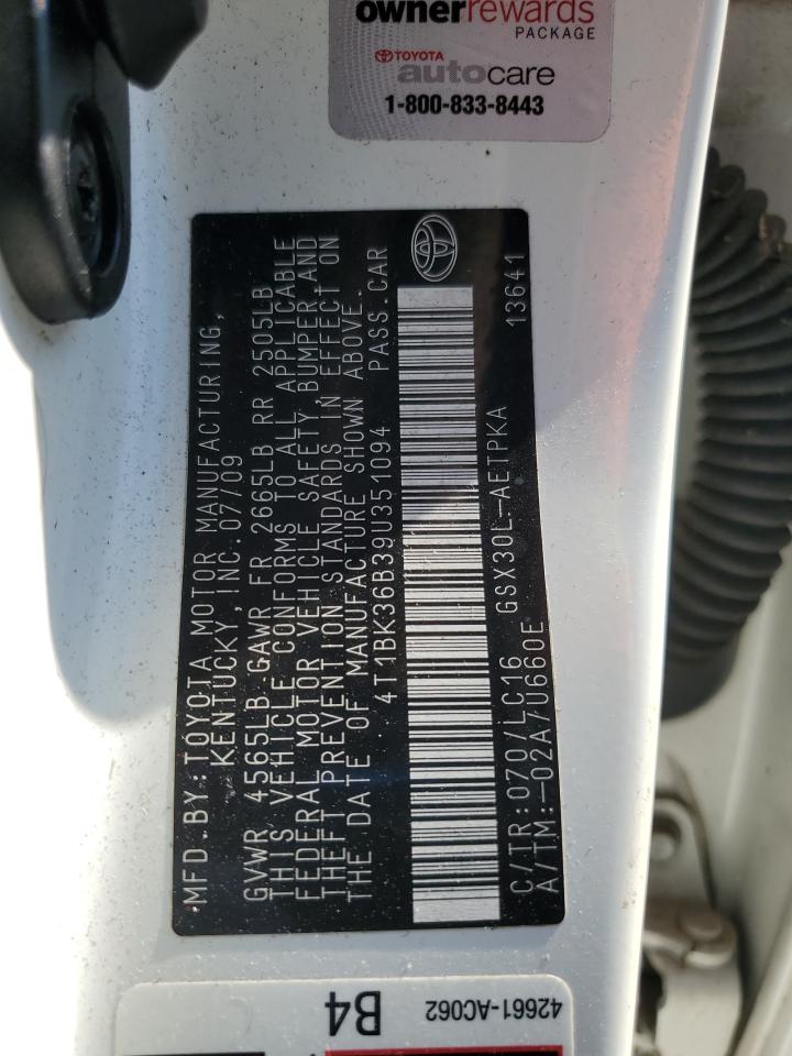 2009 Toyota Avalon Xl VIN: 4T1BK36B39U351094 Lot: 86888295