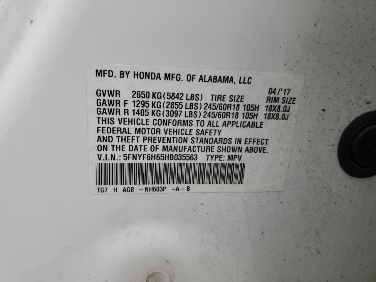 2017 Honda Pilot Exl VIN: 5FNYF6H65HB035563 Lot: 90407675