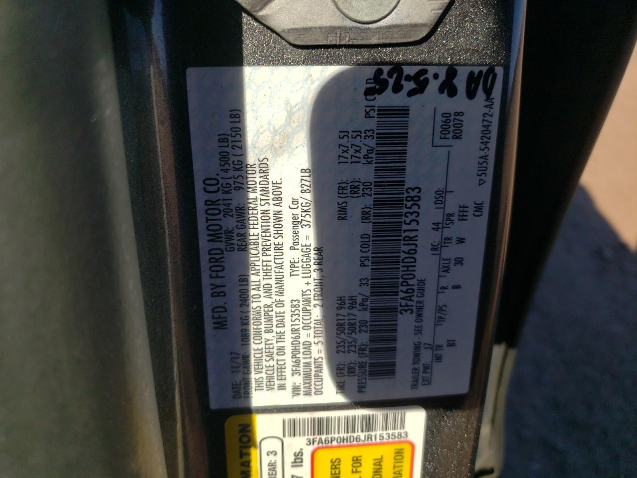 2018 Ford Fusion Se VIN: 3FA6P0HD6JR153583 Lot: 82763215