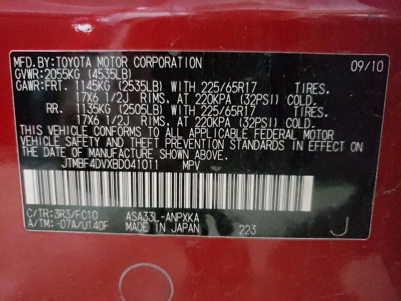 2011 Toyota Rav4 VIN: JTMBF4DVXBD041011 Lot: 85410065