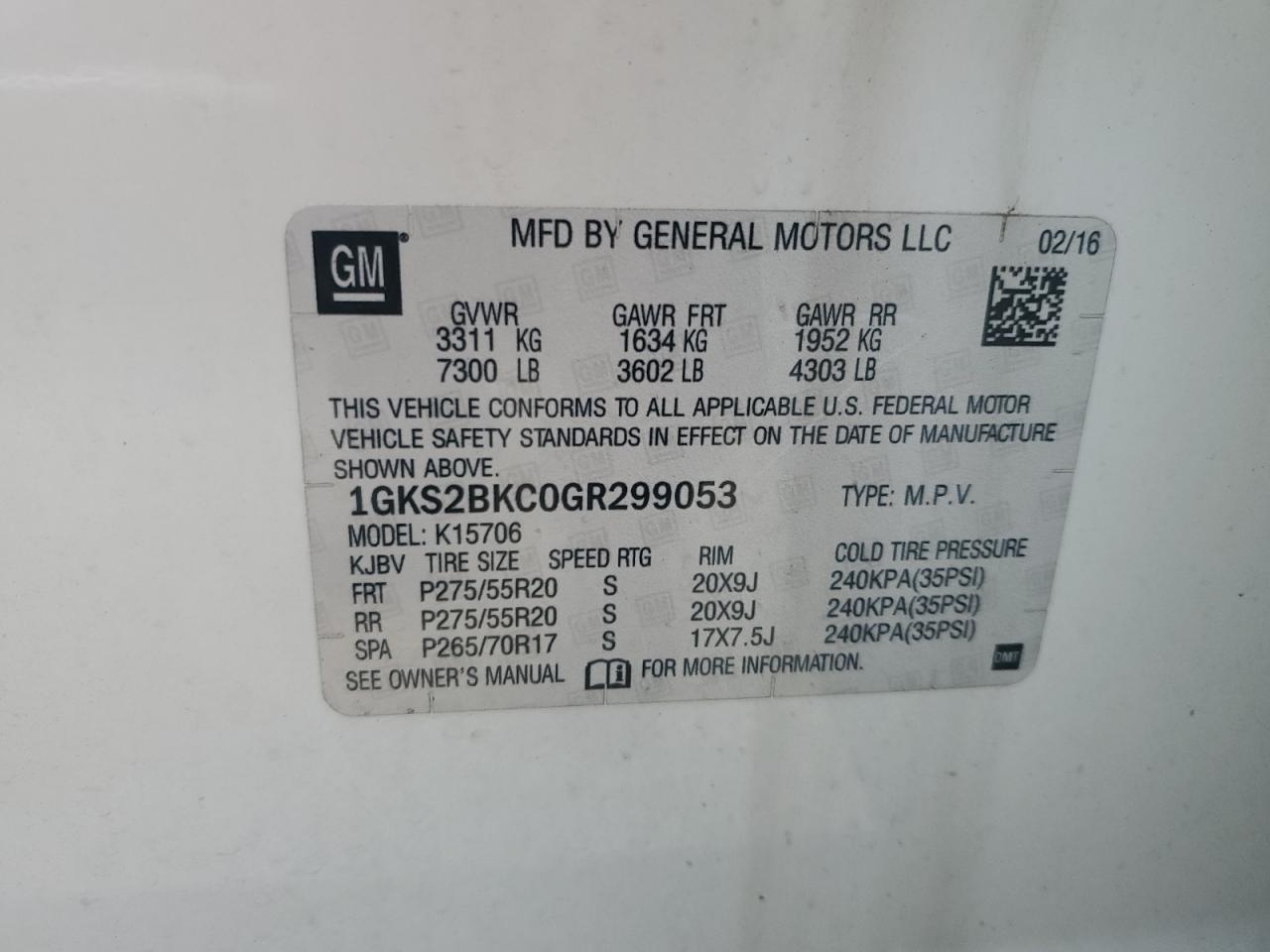 2016 GMC Yukon Slt VIN: 1GKS2BKC0GR299053 Lot: 86890065