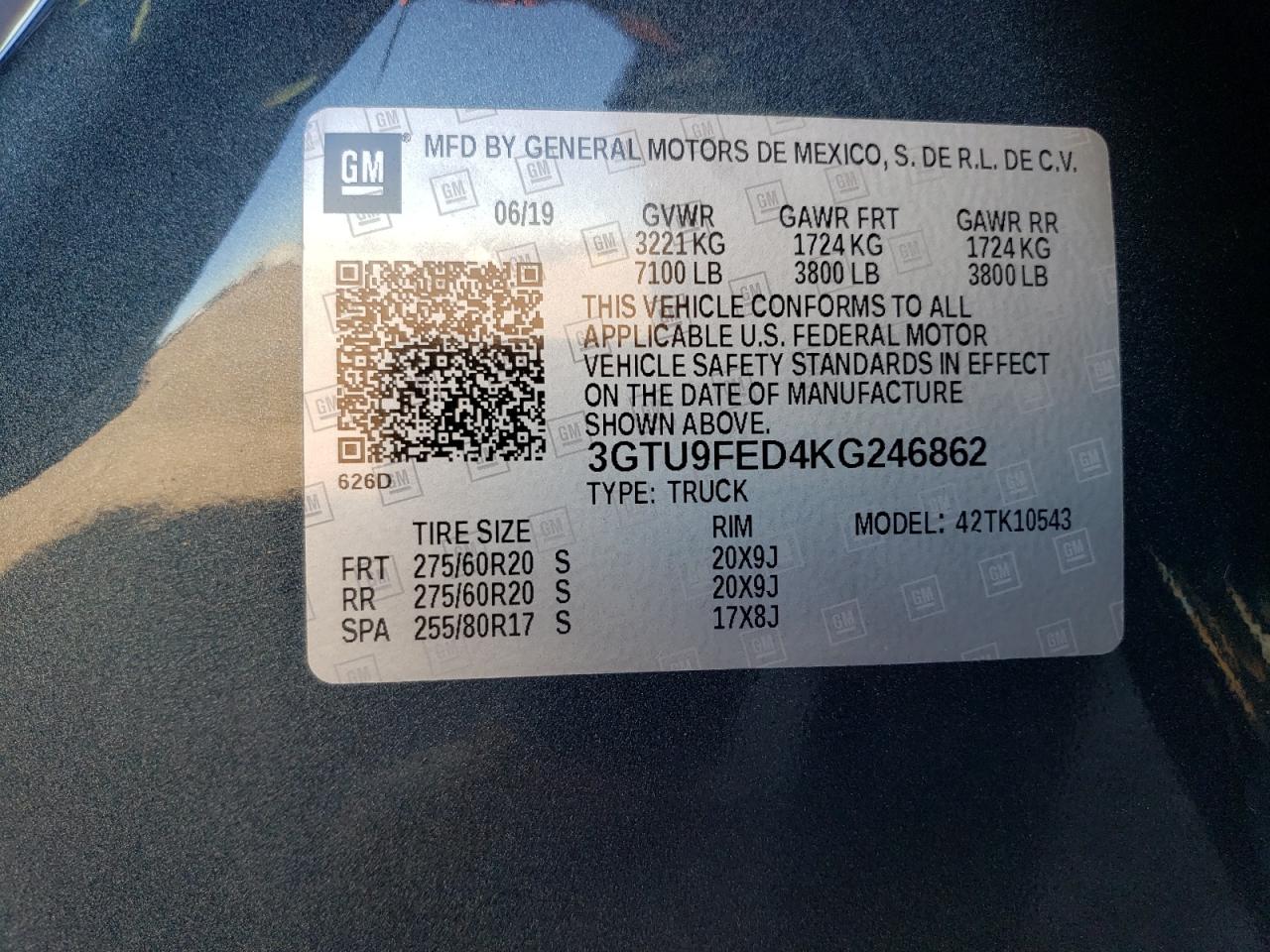 2019 GMC Sierra K1500 Denali VIN: 3GTU9FED4KG246862 Lot: 86715865