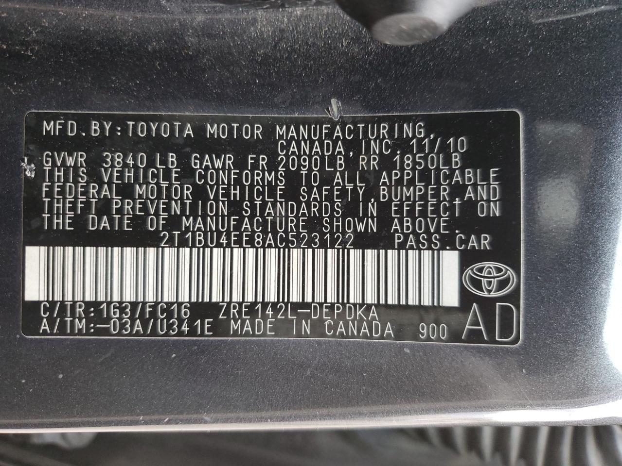 2010 Toyota Corolla Base VIN: 2T1BU4EE8AC523122 Lot: 85648065