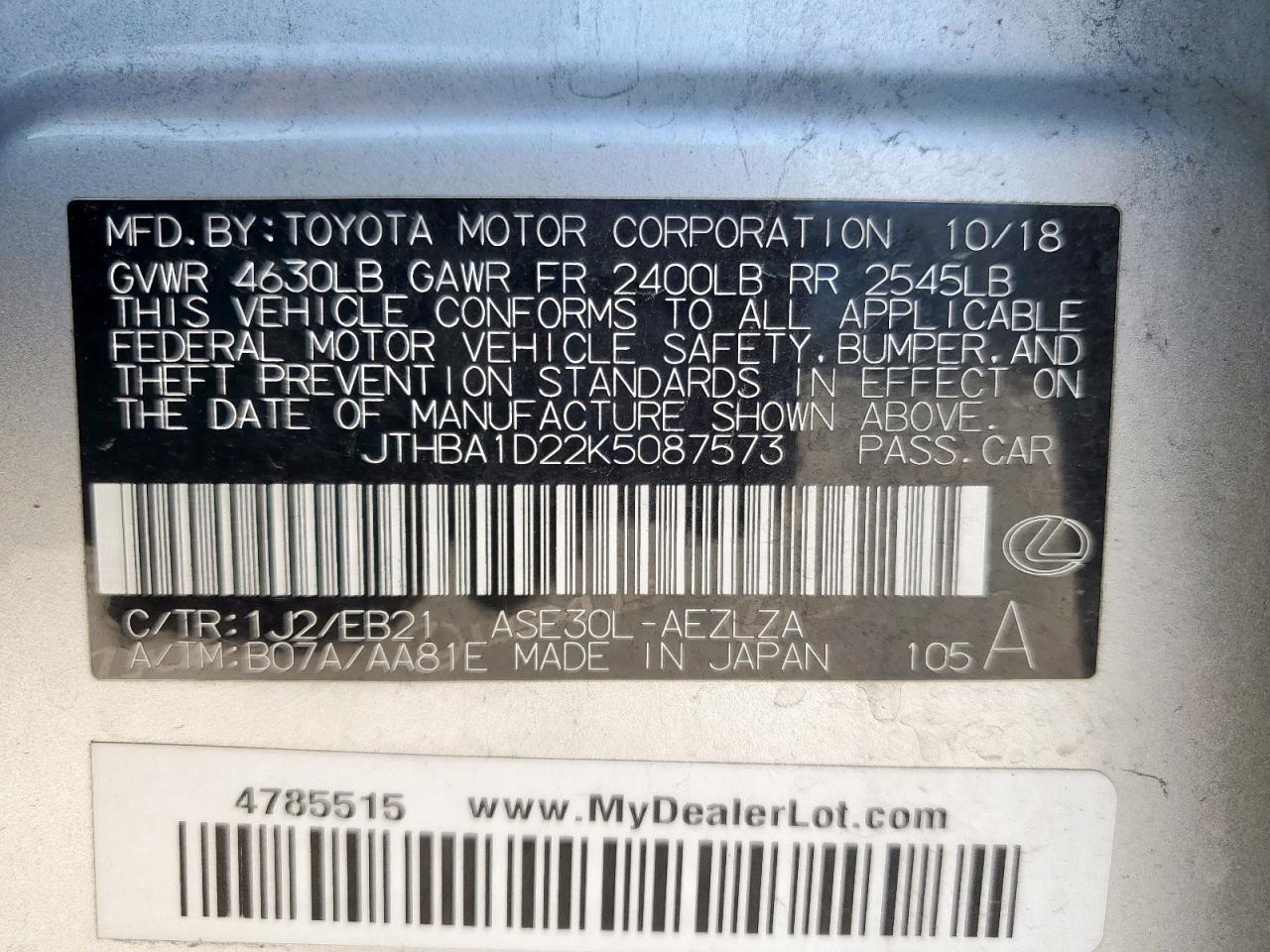 2019 Lexus Is 300 VIN: JTHBA1D22K5087573 Lot: 89908125