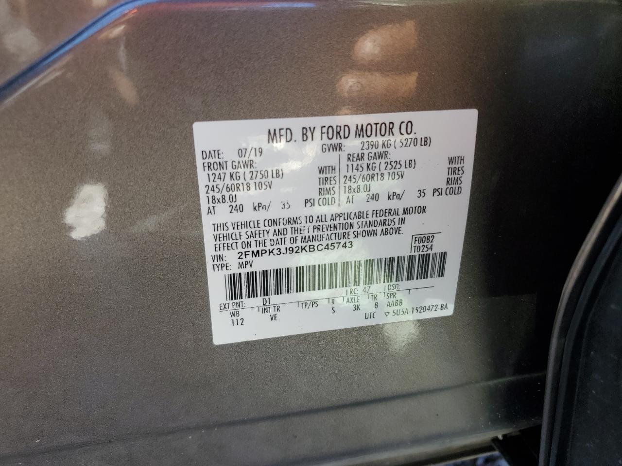 2019 Ford Edge Sel VIN: 2FMPK3J92KBC45743 Lot: 90096865