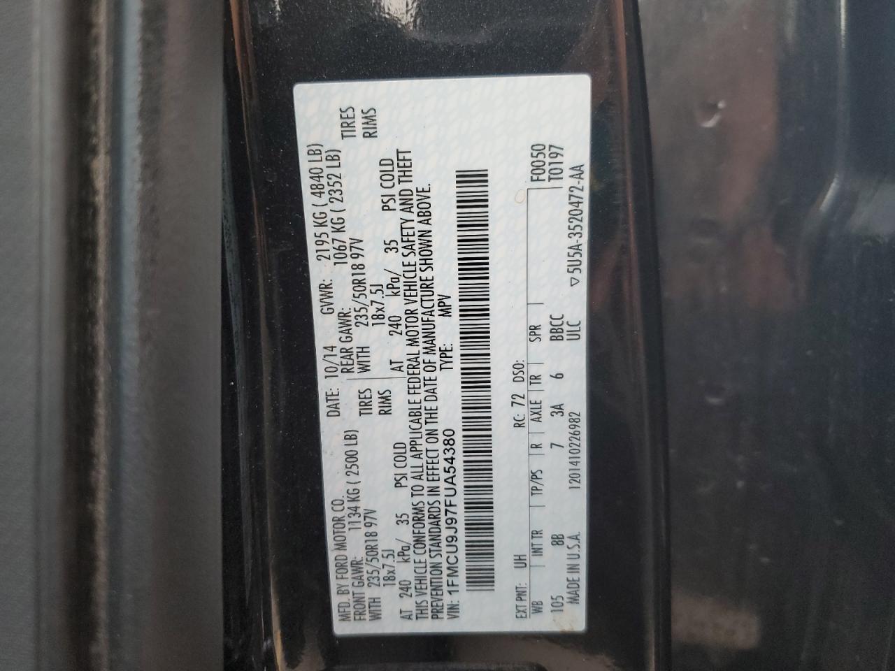 2015 Ford Escape Titanium VIN: 1FMCU9J97FUA54380 Lot: 85537005