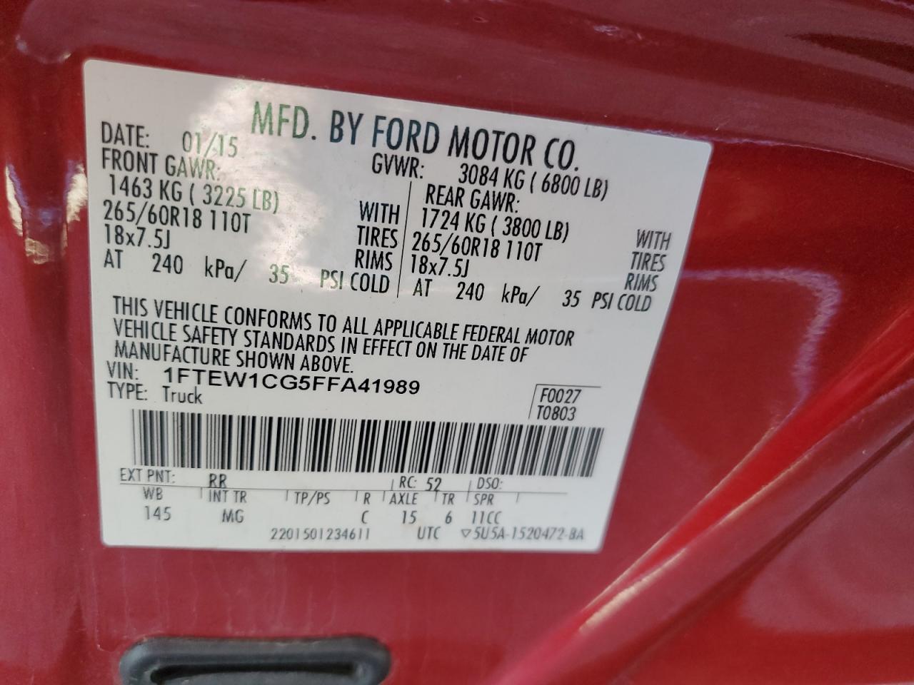 2015 Ford F150 Supercrew VIN: 1FTEW1CG5FFA41989 Lot: 87293325