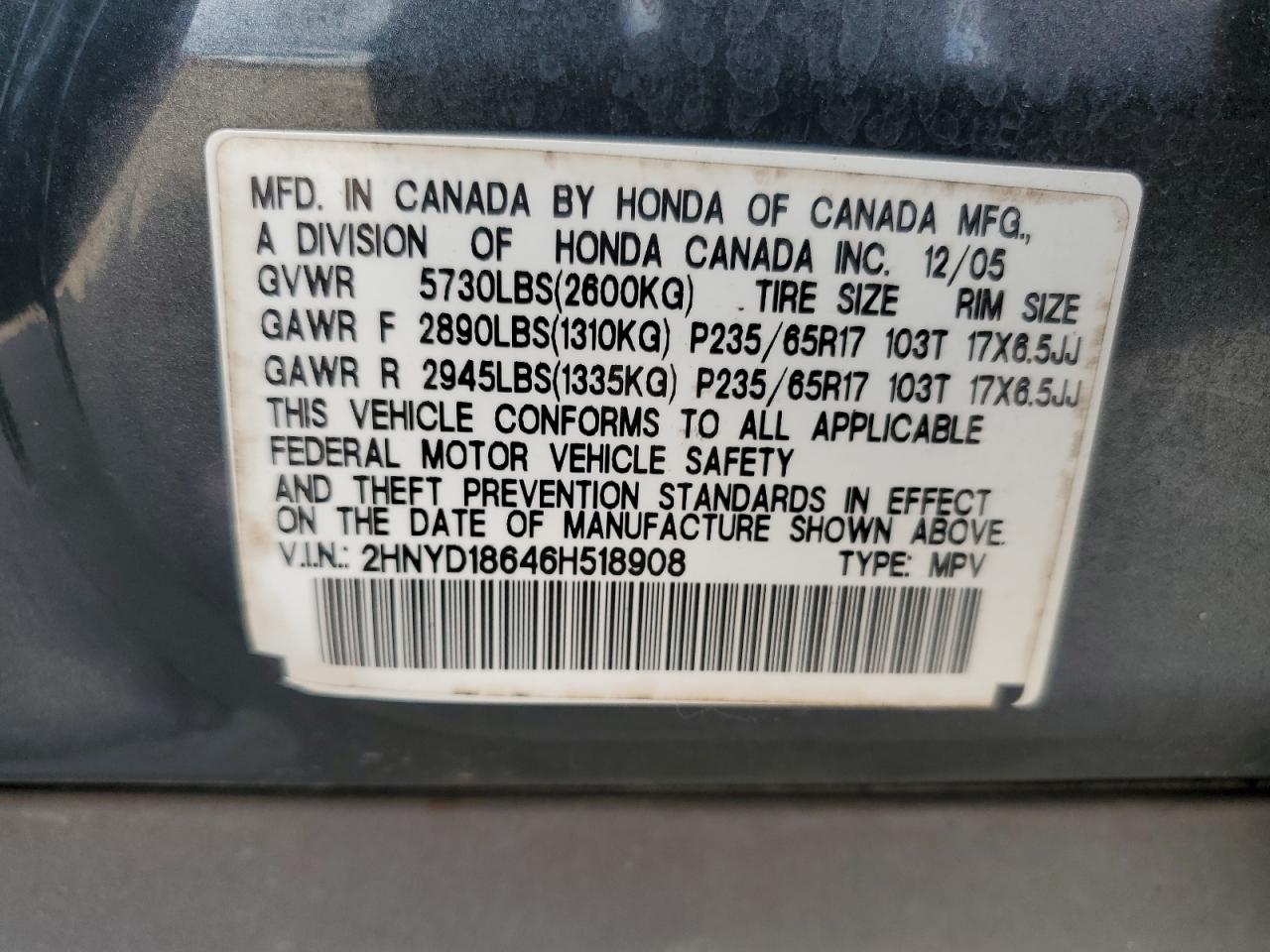 2006 Acura Mdx Touring VIN: 2HNYD18646H518908 Lot: 85653965