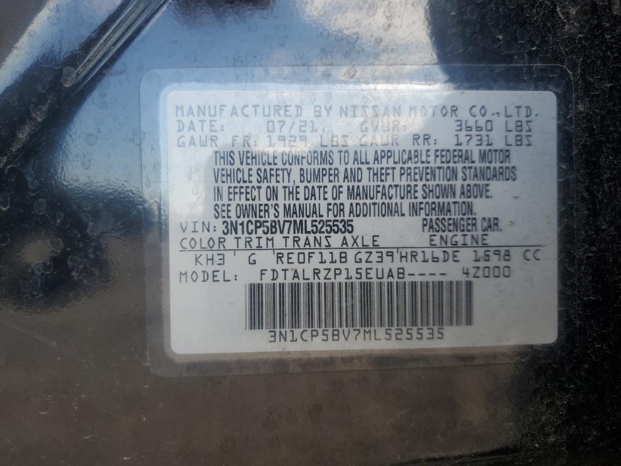 2021 Nissan Kicks S VIN: 3N1CP5BV7ML525535 Lot: 85725035