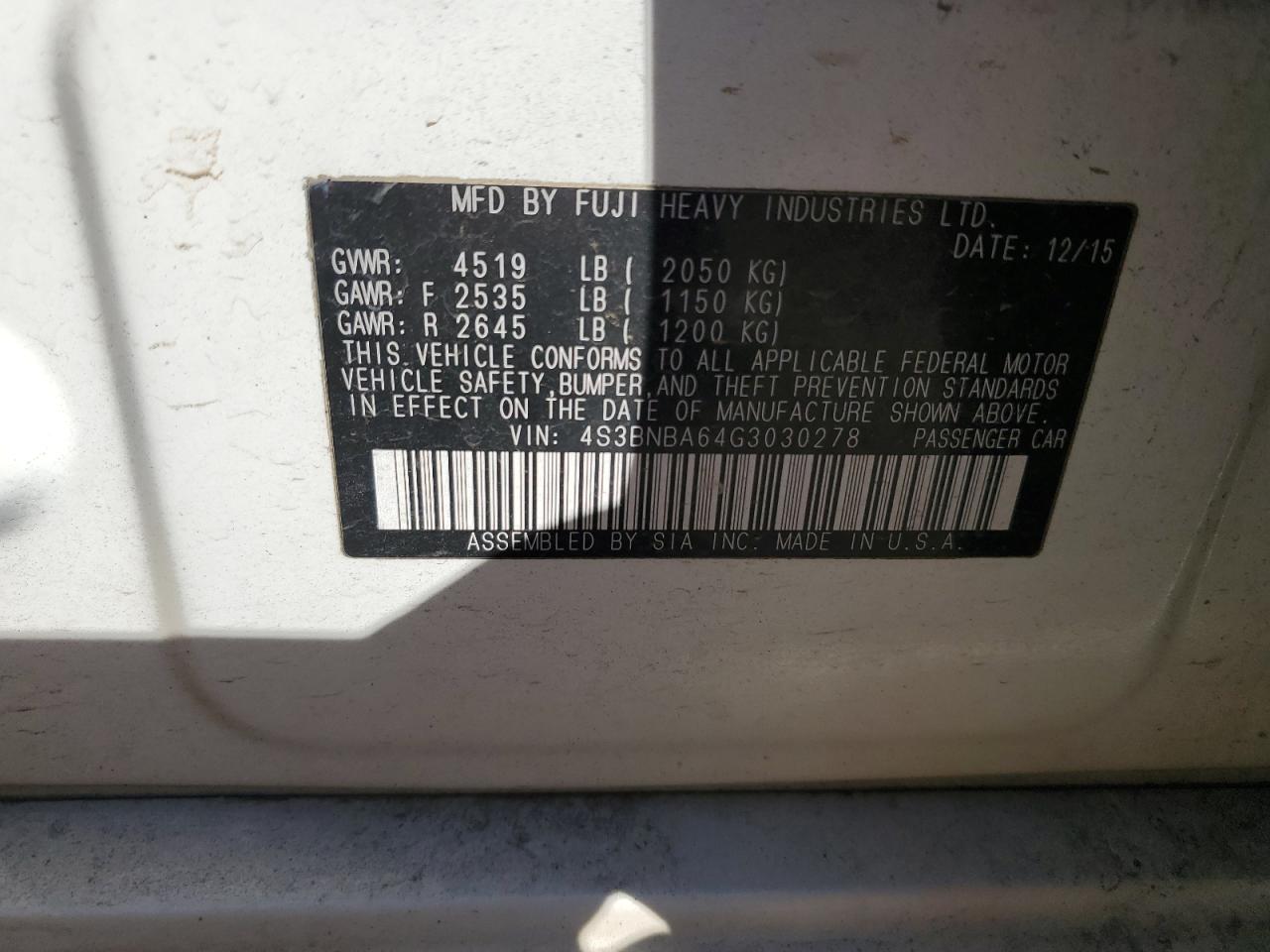 2016 Subaru Legacy 2.5I VIN: 4S3BNBA64G3030278 Lot: 84979905