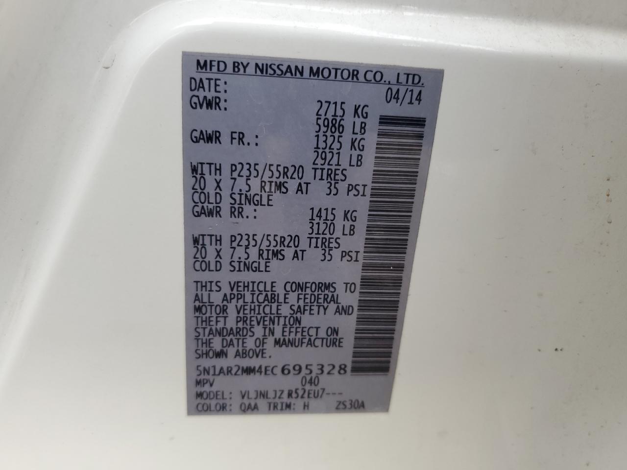 2014 Nissan Pathfinder S VIN: 5N1AR2MM4EC695328 Lot: 85913125