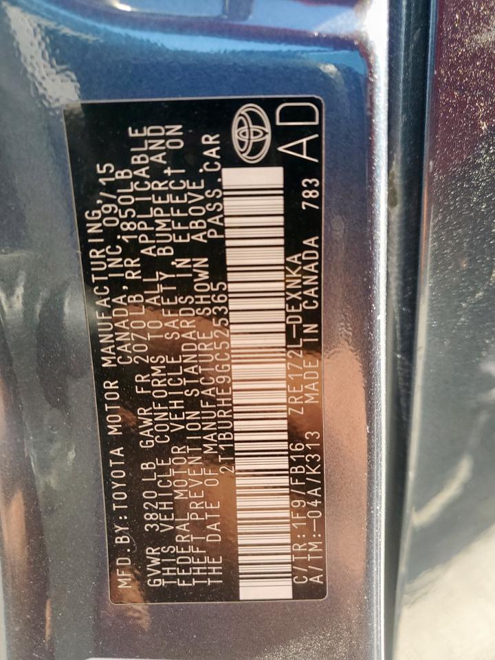 2016 Toyota Corolla L VIN: 2T1BURHE9GC525365 Lot: 85834915