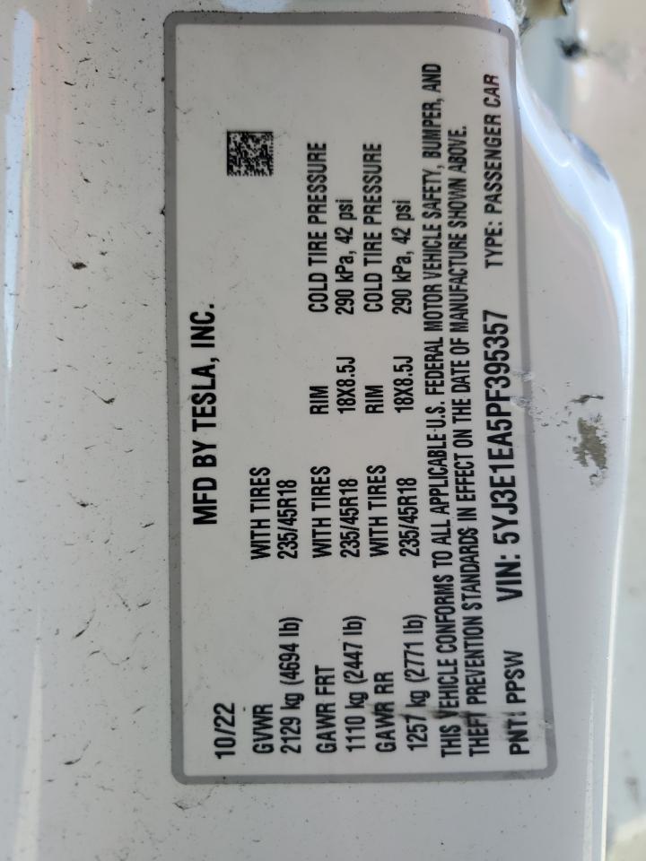 2023 Tesla Model 3 VIN: 5YJ3E1EA5PF395357 Lot: 82363515