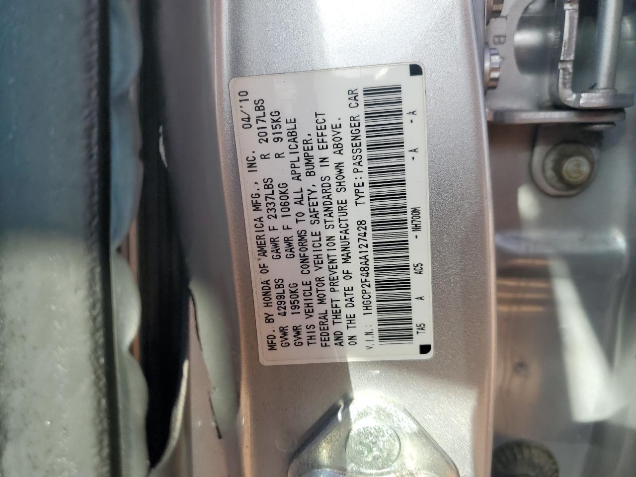 2010 Honda Accord Lxp VIN: 1HGCP2F48AA127428 Lot: 81969295