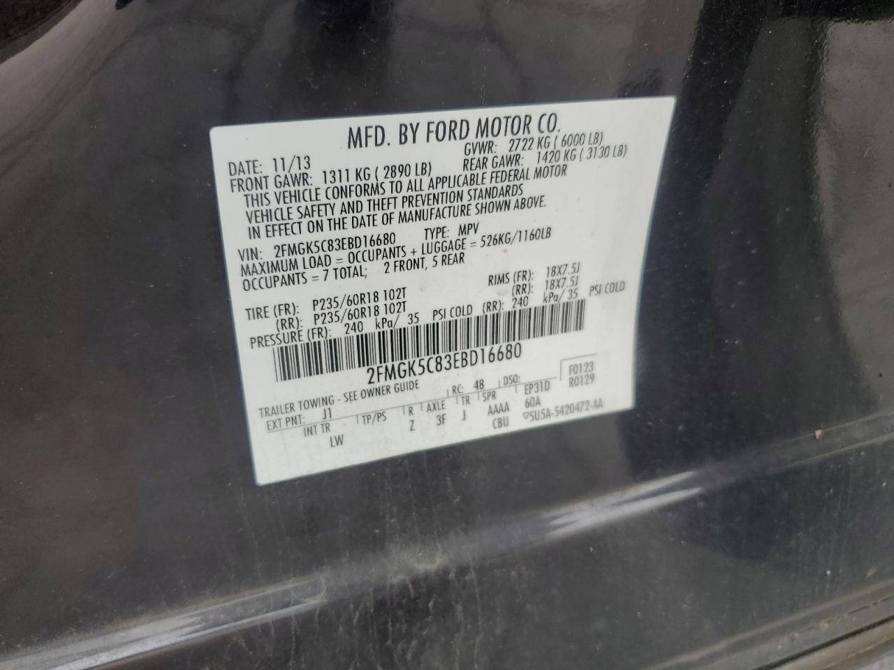 2014 Ford Flex Sel VIN: 2FMGK5C83EBD16680 Lot: 89515535