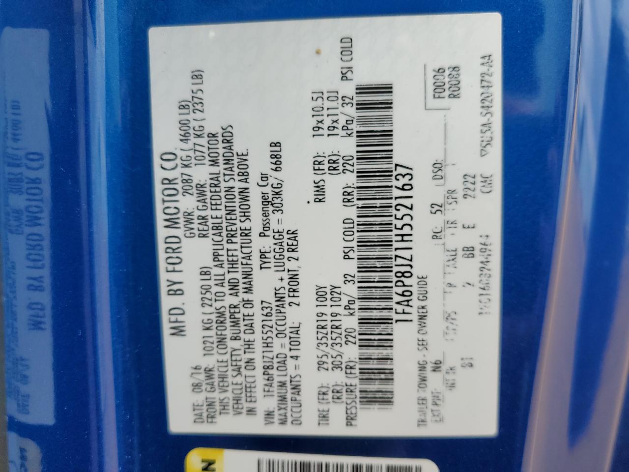 2017 Ford Mustang Shelby Gt350 VIN: 1FA6P8JZ1H5521637 Lot: 87280785