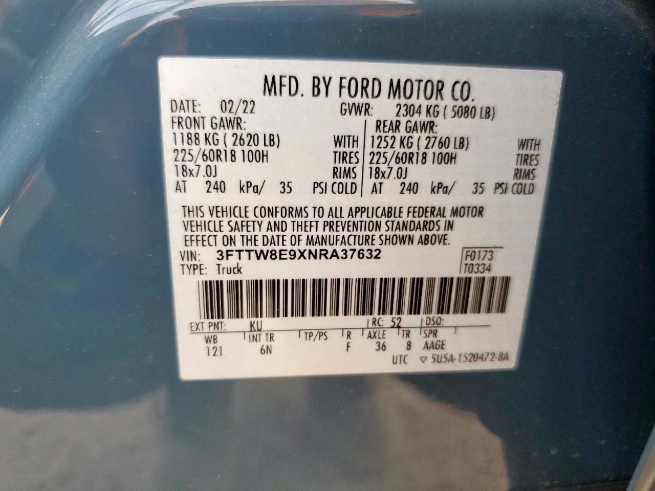 2022 Ford Maverick Xl VIN: 3FTTW8E9XNRA37632 Lot: 85374555