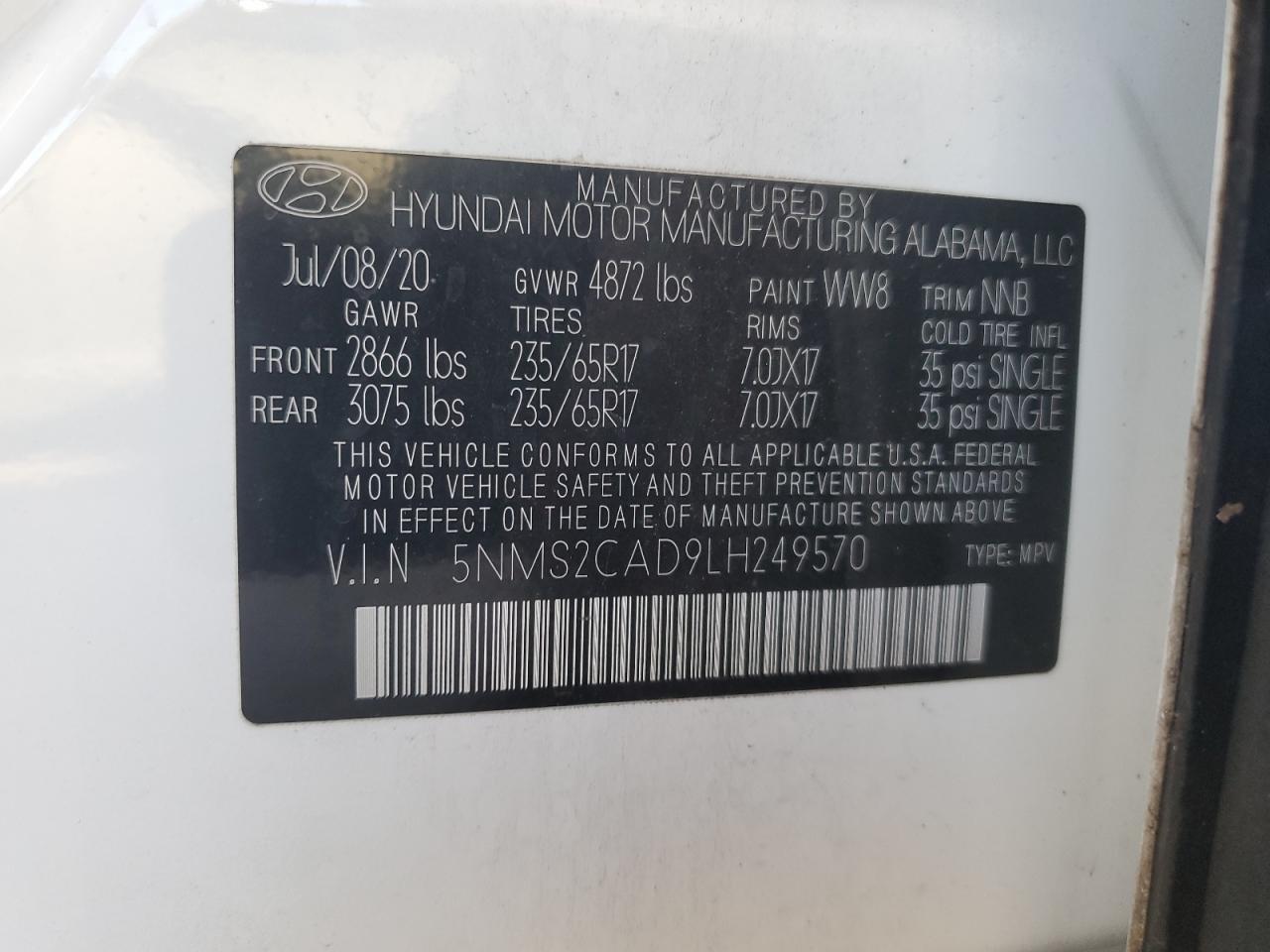 2020 Hyundai Santa Fe Se VIN: 5NMS2CAD9LH249570 Lot: 82320375