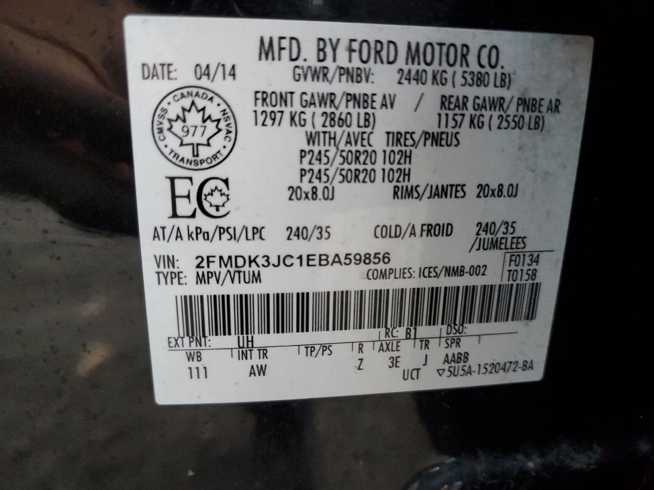 2014 Ford Edge Sel VIN: 2FMDK3JC1EBA59856 Lot: 89803875