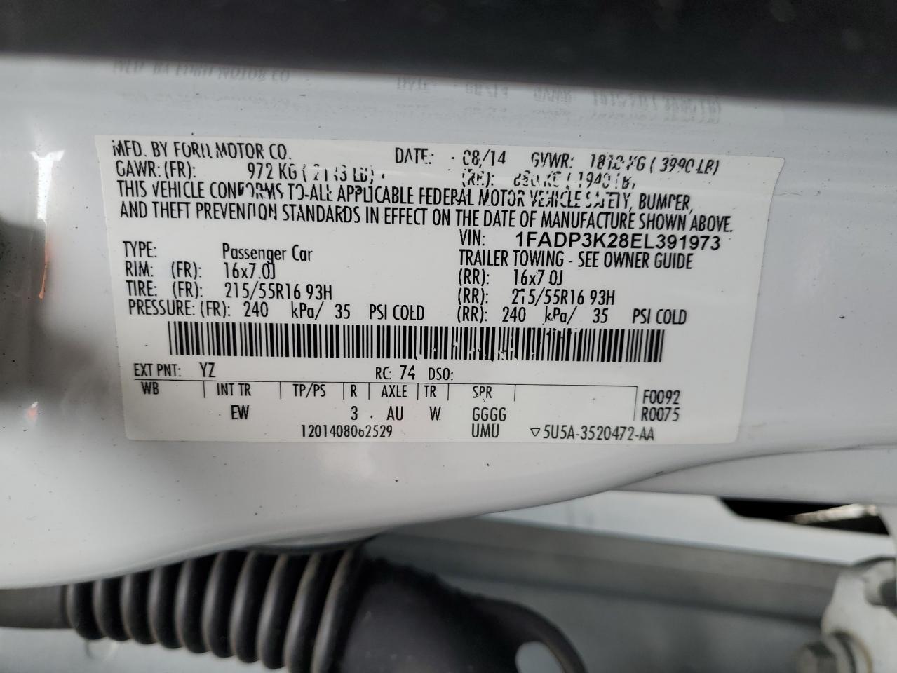 2014 Ford Focus Se VIN: 1FADP3K28EL391973 Lot: 85950345