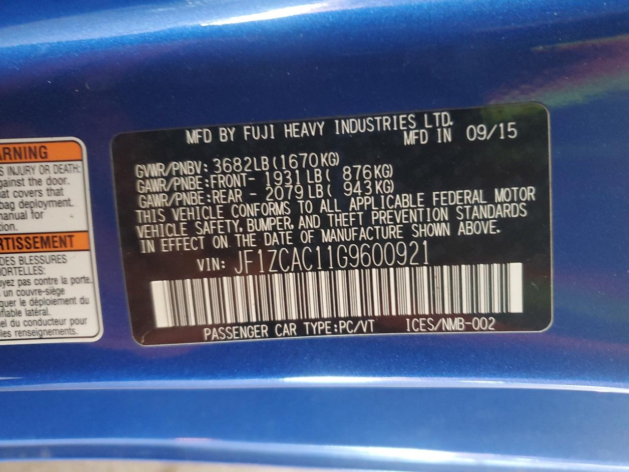 2016 Subaru Brz 2.0 Limited VIN: JF1ZCAC11G9600921 Lot: 90297995