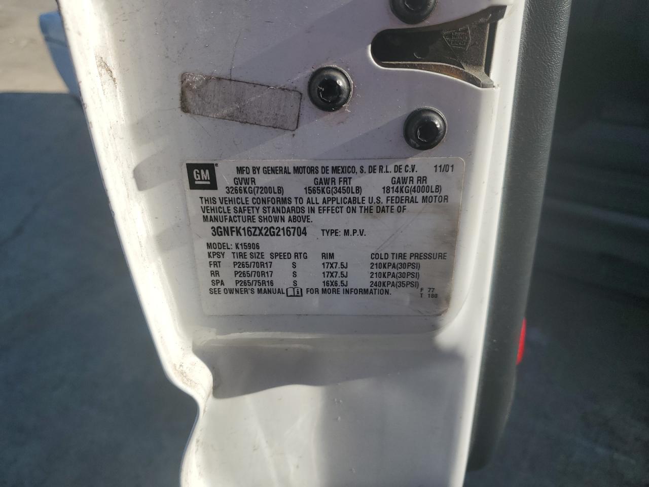 2002 Chevrolet Suburban K1500 VIN: 3GNFK16ZX2G216704 Lot: 82005935