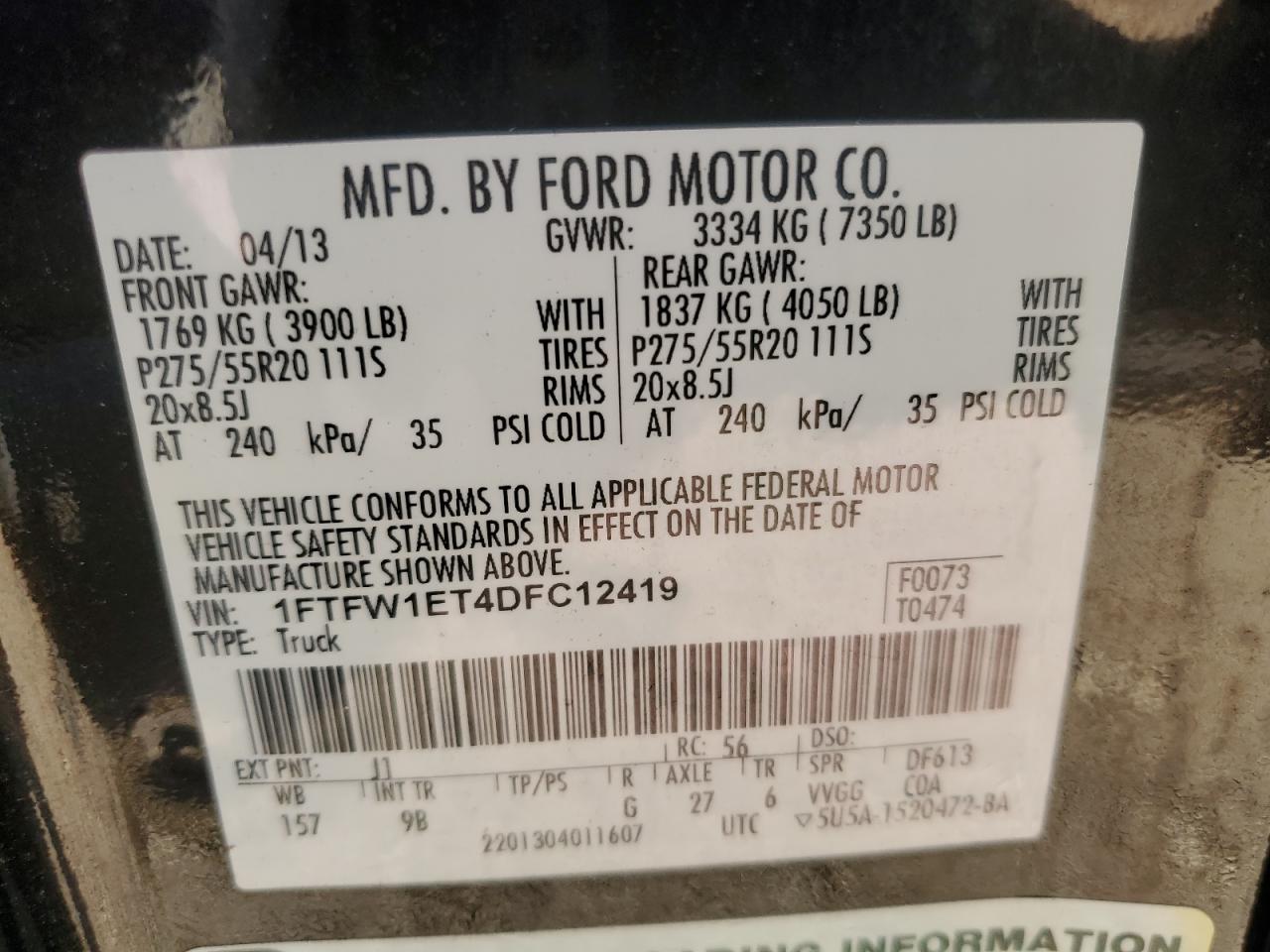 2013 Ford F150 Supercrew VIN: 1FTFW1ET4DFC12419 Lot: 82310115