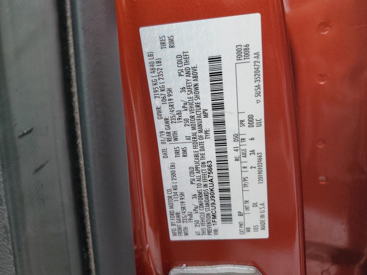 2019 Ford Escape Titanium VIN: 1FMCU9J90KUA75663 Lot: 85283065