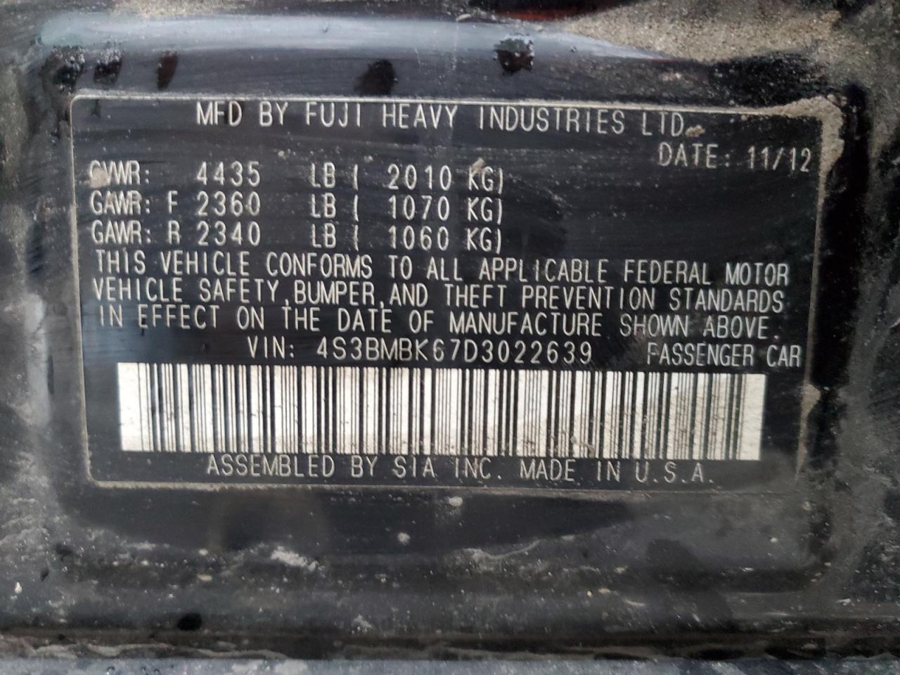 2013 Subaru Legacy 2.5I Limited VIN: 4S3BMBK67D3022639 Lot: 86649335