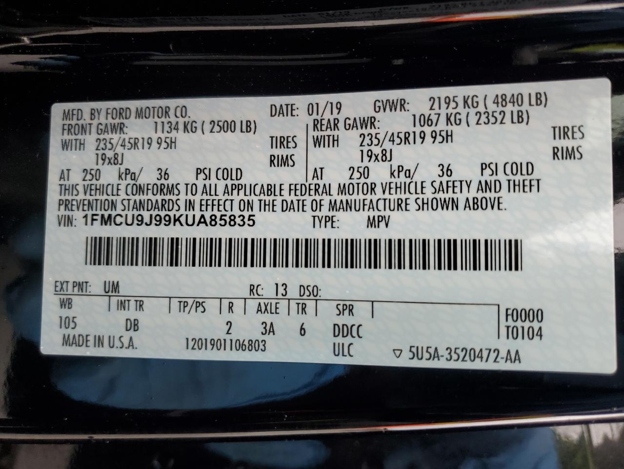 2019 Ford Escape Titanium VIN: 1FMCU9J99KUA85835 Lot: 82478395