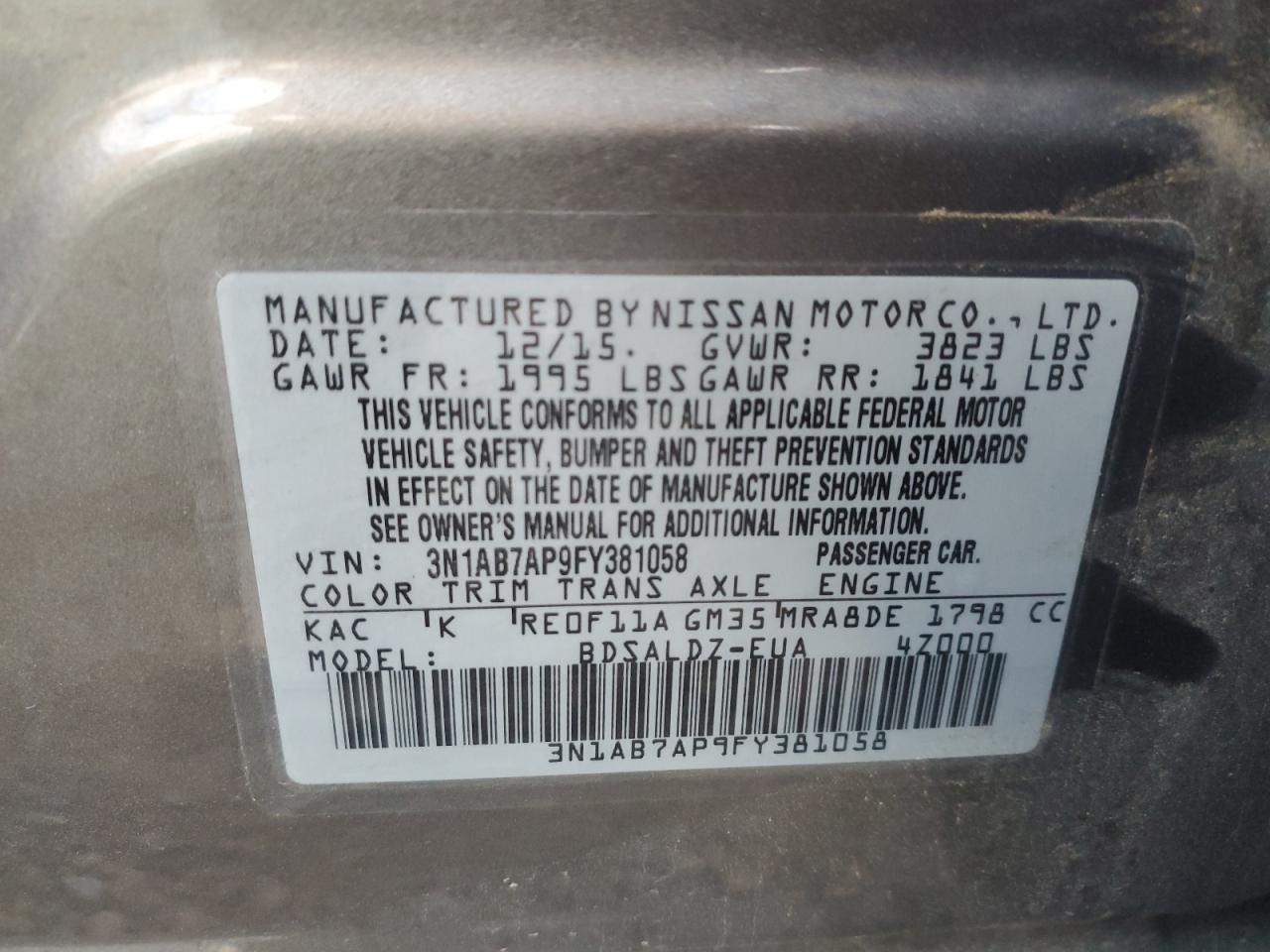 2015 Nissan Sentra S VIN: 3N1AB7AP9FY381058 Lot: 85658565