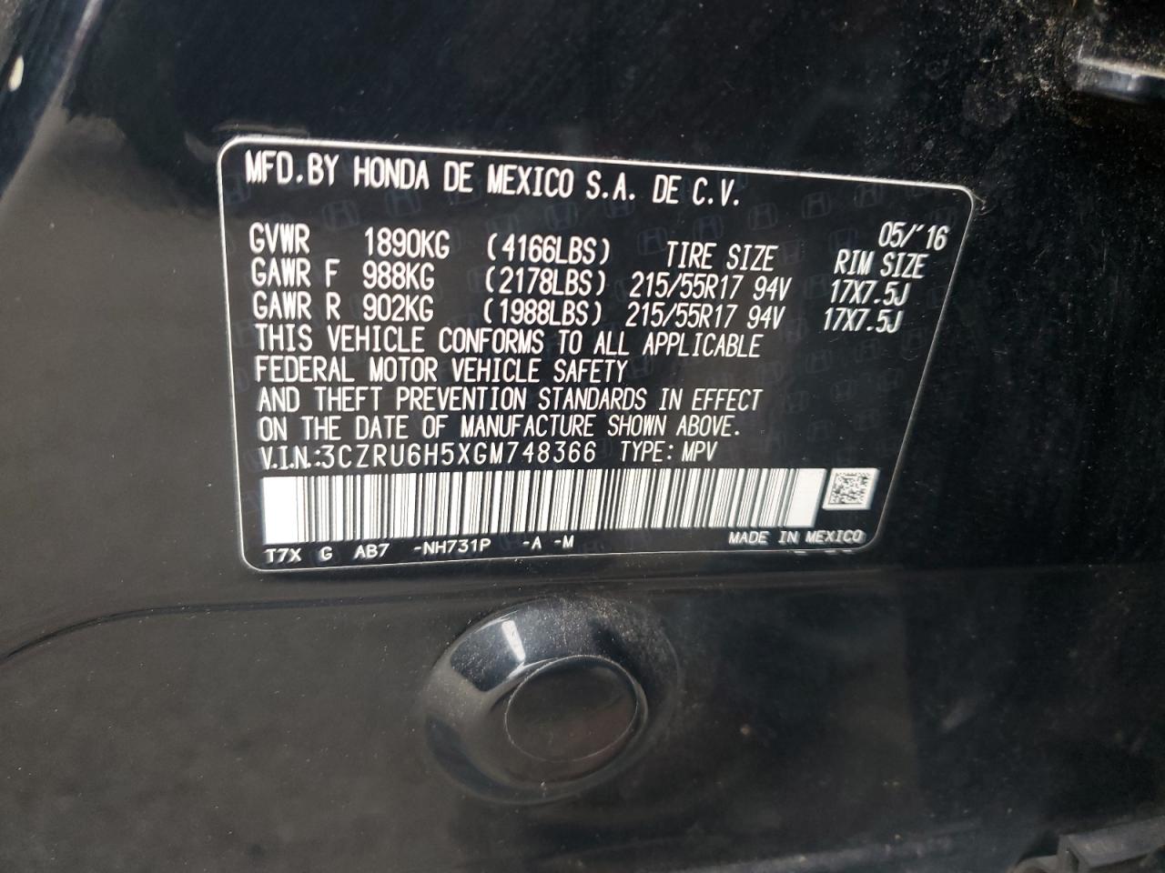 2016 Honda Hr-V Ex VIN: 3CZRU6H5XGM748366 Lot: 82740625