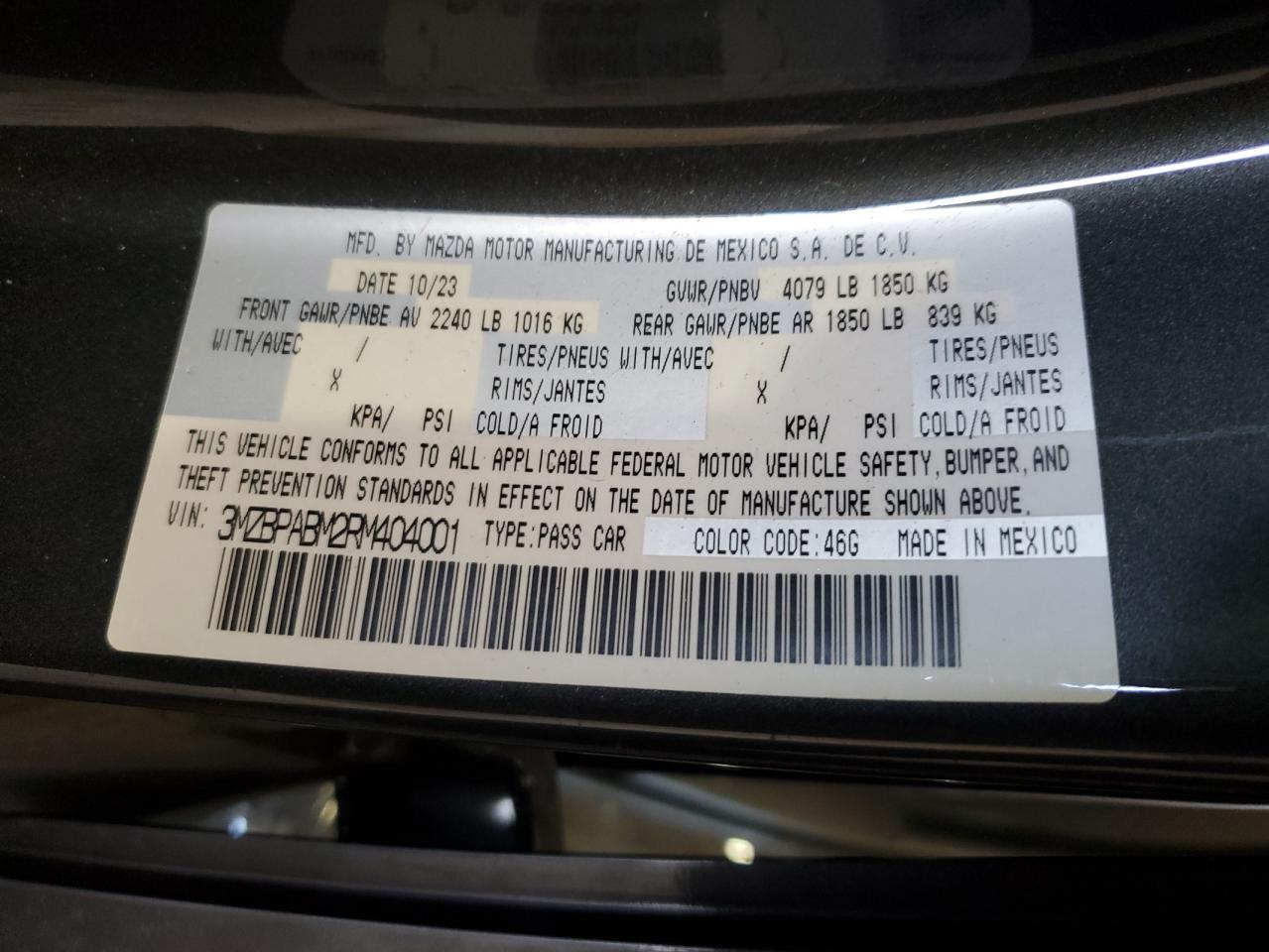 2024 Mazda 3 Select Sport VIN: 3MZBPABM2RM404001 Lot: 84427145