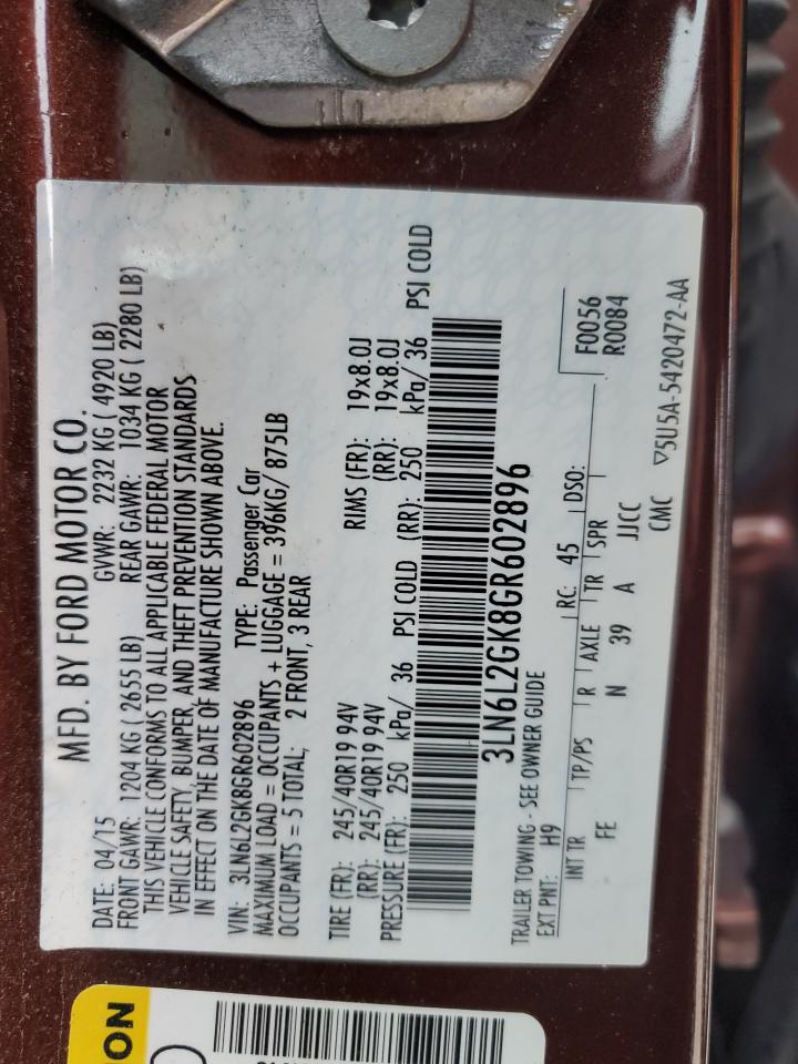 2016 Lincoln Mkz VIN: 3LN6L2GK8GR602896 Lot: 87182865