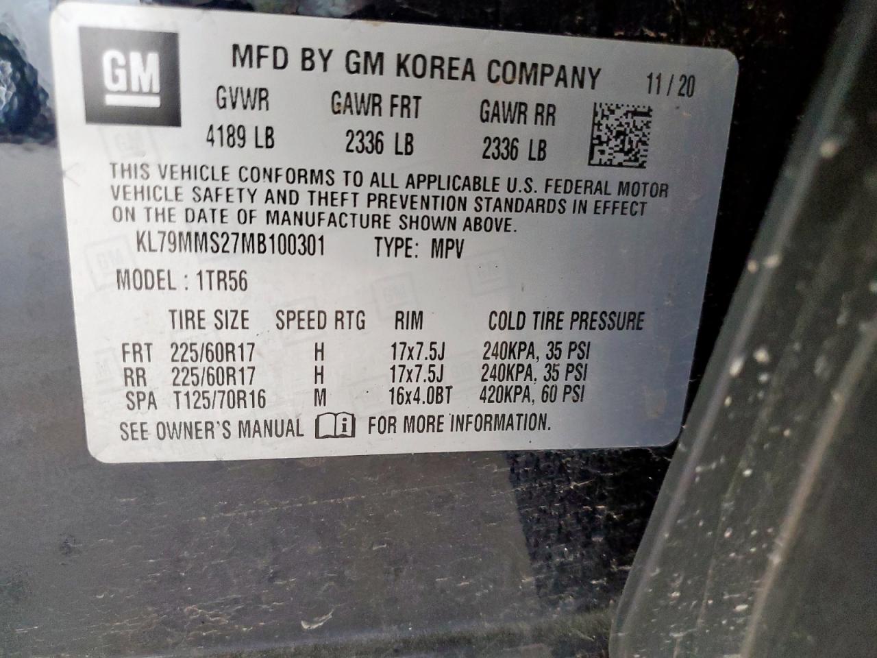 2021 Chevrolet Trailblazer Ls VIN: KL79MMS27MB100301 Lot: 84978525