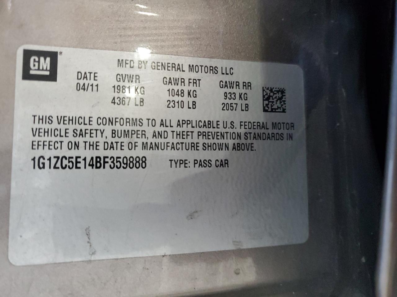 2011 Chevrolet Malibu 1Lt VIN: 1G1ZC5E14BF359888 Lot: 85874495