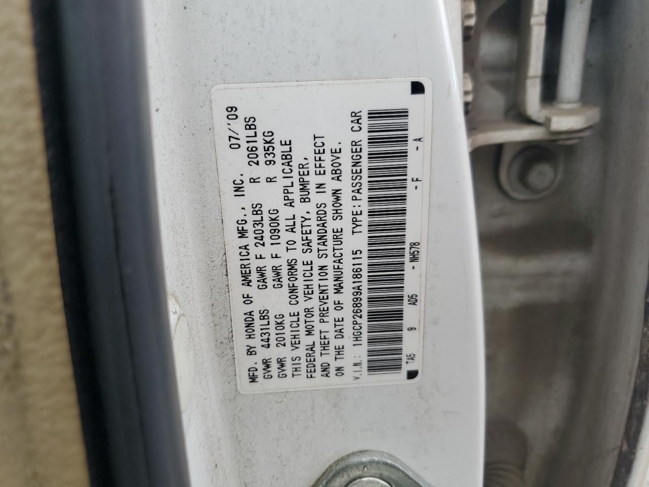 2009 Honda Accord Exl VIN: 1HGCP26899A186115 Lot: 85694215