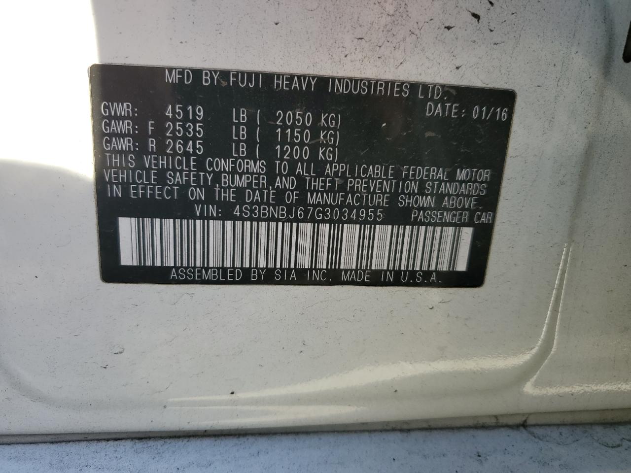 2016 Subaru Legacy 2.5I Limited VIN: 4S3BNBJ67G3034955 Lot: 84480355