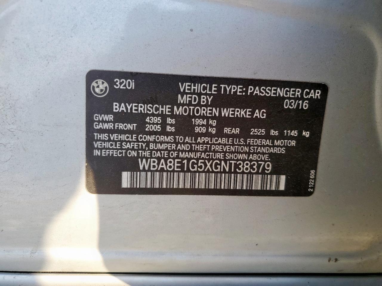 2016 BMW 320 I VIN: WBA8E1G5XGNT38379 Lot: 85643745