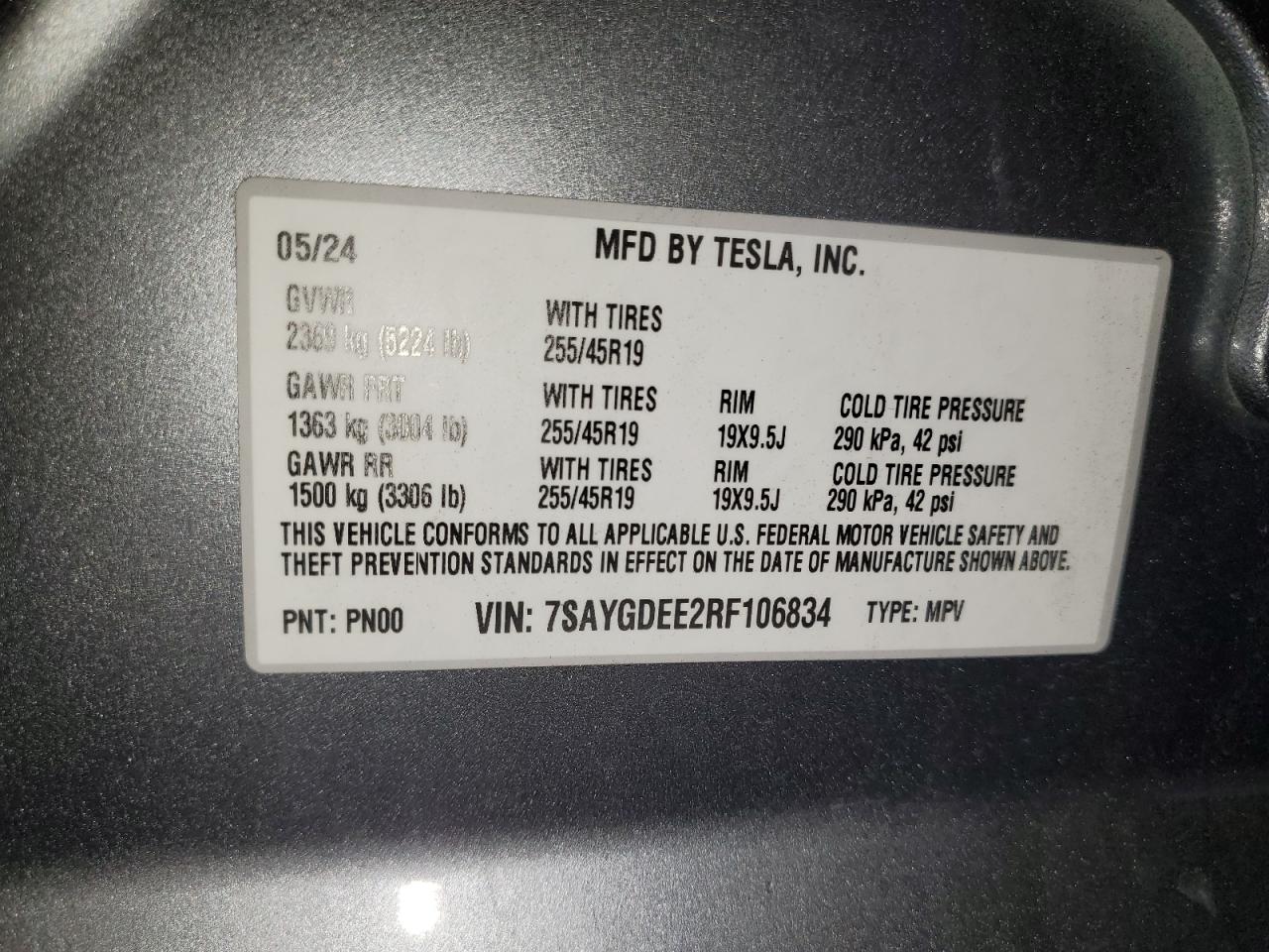 2024 Tesla Model Y VIN: 7SAYGDEE2RF106834 Lot: 89711075